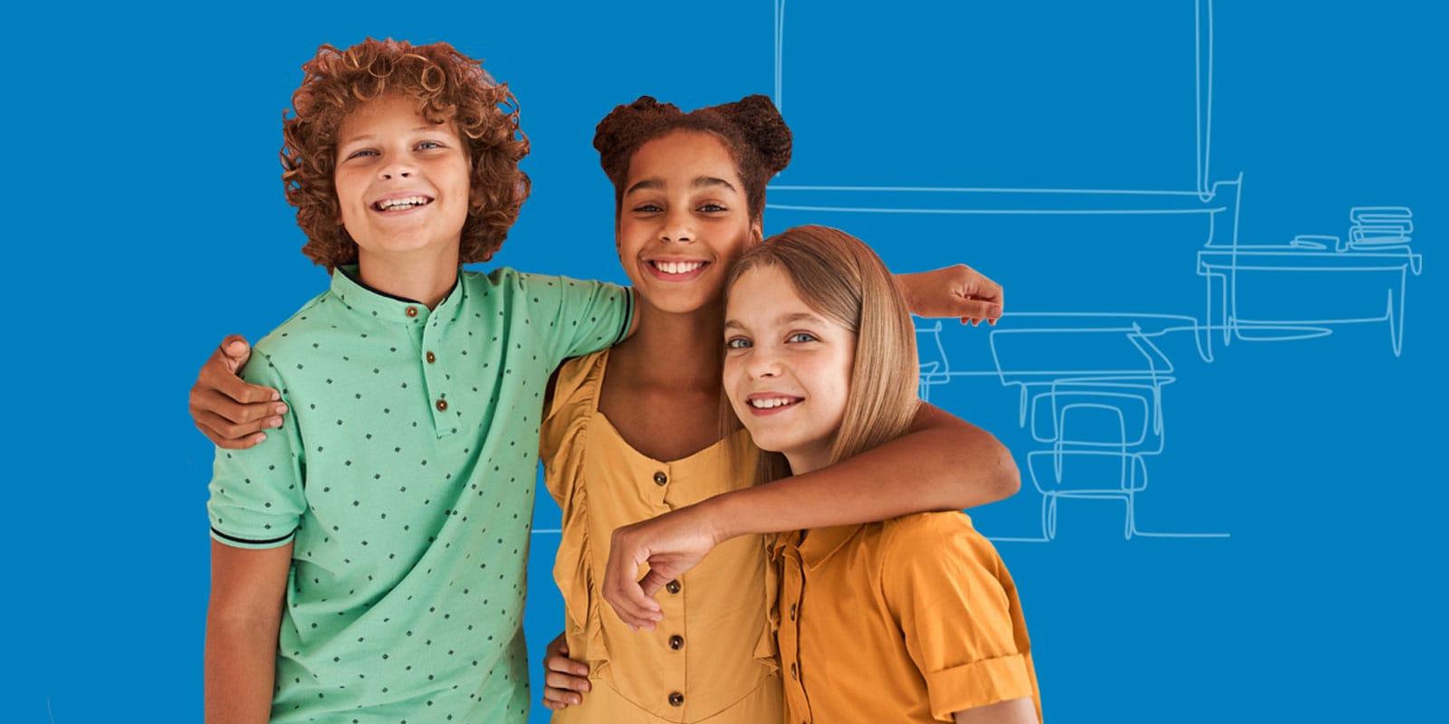 Three middle school children standing shoulder to shoulder smiling.