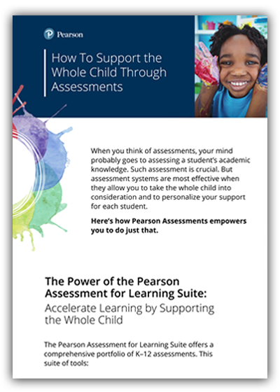 Promotional flyer for "How To Support the Whole Child Through Assessments," featuring text about personalized academic support and a logo at the top.